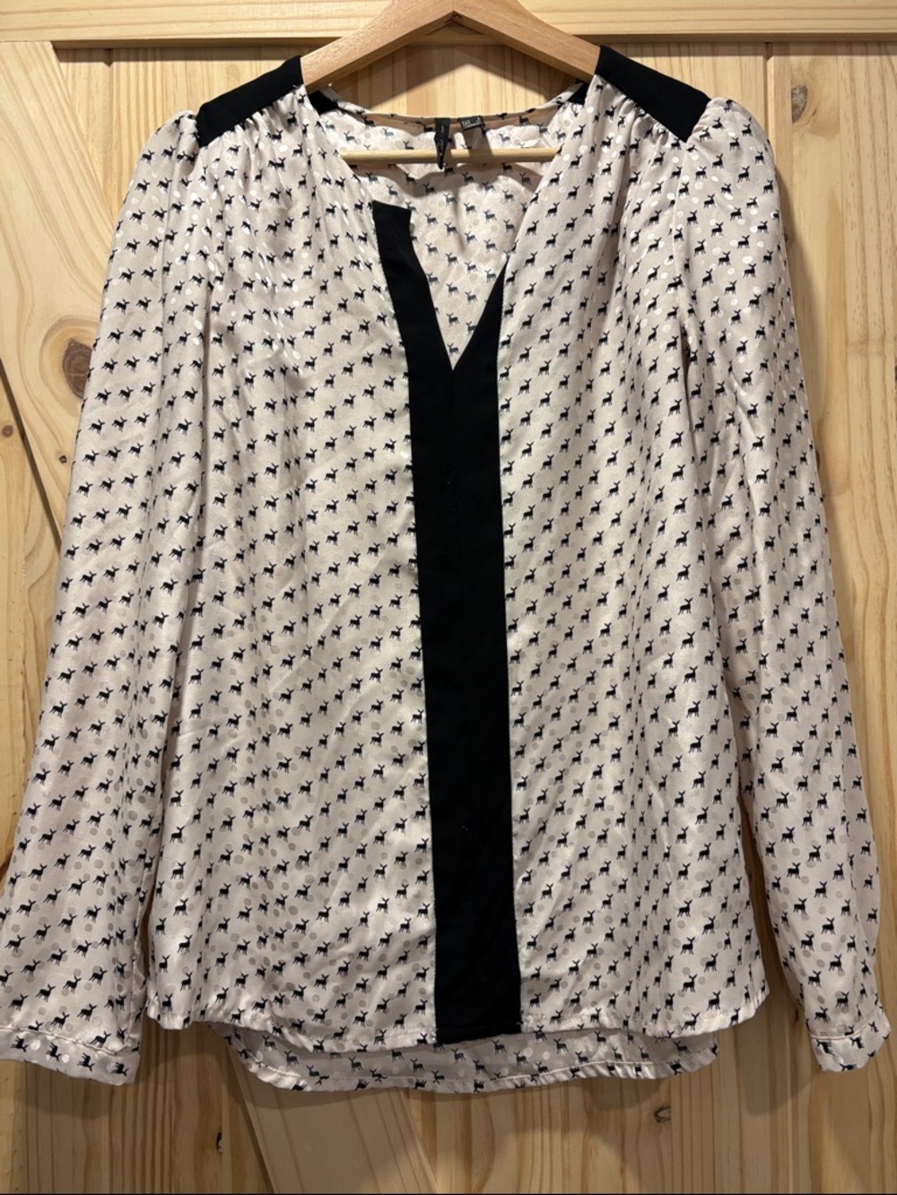 Women's Cream Printed Long-Sleeve Blouse with Black Trim